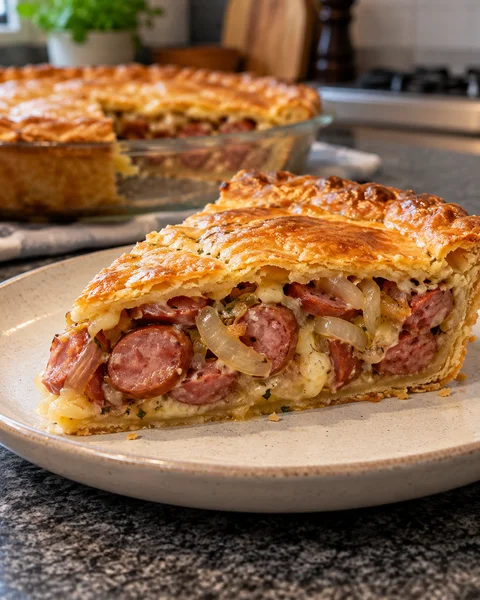 Torta de calabresa e cebola vista de lado