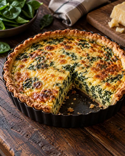 Quiche de espinafre e queijo na mesa